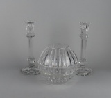 Lot of Three Crystal Pieces: Pair of Candlesticks & Rose Bowl