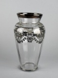 Vintage Silver Overlay Glass Vase with Floral Swags & Basket Weave Design