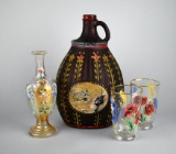 Lot of Four Hand Decorated Glass Pieces: Bottle, Vase, Two Glasses
