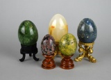 Lot of Five Polished Stone Eggs with Five Stands
