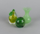 Lot of Three Art Glass Pieces: Two Paper Weights, One Vase