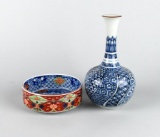 Asian Polychrome Bowl & Fitz and Floyd Blue & White Vase