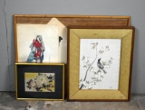 Three Asian Art Items: Two Wood Block Prints, Silk Embroidery (Bird), Chokin Art (Floral)