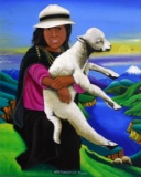 Juan Luis Cuyo (Ecuadoran, XX-XXI) Native with Lamb, Oil on Hide, Signed Lower Center