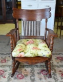 Early 20th C. Oak Spindle Back Rocking Chair with New Seat Cushion