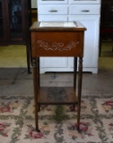 Vintage Stone Top Side Knotty Pine Table/Stand, Carved Flower Basket Design, Brass Caster Feet