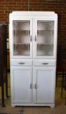 White Art Deco 1930s Kitchen Hutch Cabinet, Stenciled Glass Doors