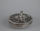 Repousse Decorated Lidded Sterling Silver Powder Box with Mirror Inside Lid