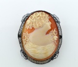 Antique Belle Epoque Carved Shell Cameo Brooch of Ladies Bust in Ornate Silver Frame, 2.25”