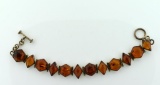 Vintage Sterling Silver and Genuine Amber Link Bracelet, 8” L