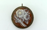 Antique Carved Shell Cameo Pendant Brooch of Flower Bunch with Sterling Silver Frame, 1.5”