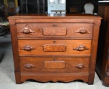 19th C. Three Drawer Walnut Chest with Burl Drawer Fronts, Moustache Pulls