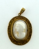 Antique Carved Shell Cameo Charm with 10K Gold Frame, 0.75”