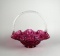 Fenton Cranberry Glass 9” Basket with Double Ruffled Edge