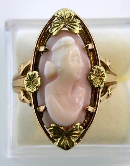Antique Estate 10K Rose and Yellow Gold Hardstone Cameo Ring, Size 6.25