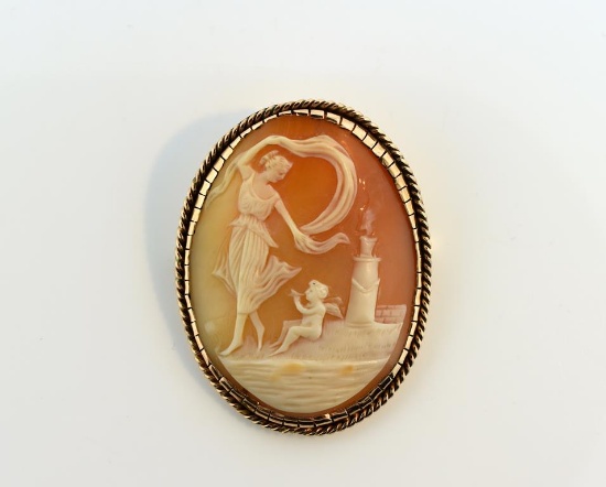 Classical Early 20th C 10K Gold “Vesta” Goddess Shell Cameo with Twist Border