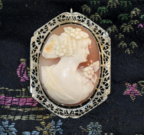 Classical Early 20th C 14K White Gold Filigree Frame Shell Cameo