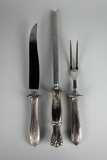 Sterling Silver Handle Meat Carving Set and  Blade Sharpener