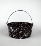 Antique Brown Speckled Graniteware Strainer Basket with Wire Bail