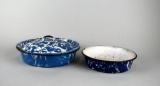 Lot of Two Antique Blue Marbled Pattern Graniteware Pans, One with Lid