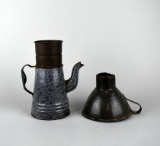 Antique 7.5” Mottled Gray Graniteware Cafetiere (Coffee Press or French Press) & Funnel