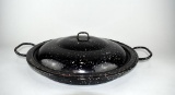 Antique Black Speckled Graniteware Pan with Two Handles & Lid