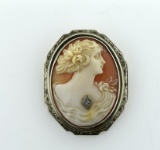 Antique Early 20th C 14K White Gold Frame Shell Cameo Habille with Diamond