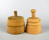 Two Primitive Round Wooden Butter Molds with Swan & Botanical Patterns
