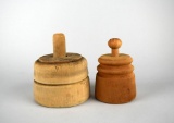 Two Primitive Round Wooden Butter Molds with Flower & Botanical Patterns
