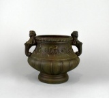 Vintage Ceramic Planter with Figural Ladies' Heads Handles and Green Patina Metallic Glaze