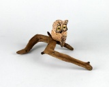 Vintage Hand Carved & Painted Owl Bird on Branch, Signed