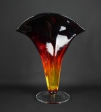 Blenko “Tequila Sunrise” Handcrafted 11.5” Fan-Shaped Amberina Glass Vase, USA
