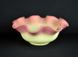 Fenton “Burmese” Yellow & Pink 9” Uranium Glass Bowl with Ruffled Rim