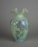 Fenton Hand Painted Artist Signed Willow Green Opalescent Vase with Ruffled Rim