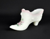 Fenton Hand Painted Artist Signed Pink & White Satin Glass Shoe