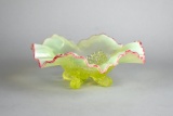 Lovely Antique Vaseline / Uranium Glass Footed Dish with Cranberry Edged Rim