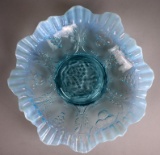 Blue Opalescent 10” Glass Dish with Grape & Cherry Design