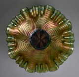 Fenton “Ribbon Tie” or “Comet” Green Carnival Glass 8.5” Bowl with Pinwheel Design