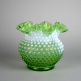 Fenton Green Opalescent Hobnail Glass Bowl  with Double Crimped Rim