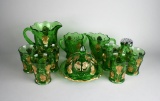 Vintage Emerald Green Glass “Inverted (Intaglio) Thistle” with Gilt Serving Set