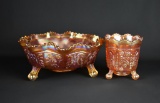 Two Fenton “Butterfly & Berry” Marigold Footed Carnival Glass Bowls