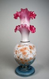 Rare Antique Hand Painted Bristol Glass Vase with Double Ruffled Cranberry Rims
