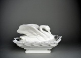 Vintage Westmorland Milk Glass Lace Edge Basket Dish with Swan Cover, Circa 1940
