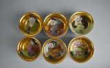 Set of Six Fine Antique Gilt Rimmed Japanese Porcelain Sake Cups, Hand Painted Characters