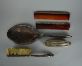 Set of Five Miscellaneous Vintage Sterling Silver Framed Brushes, Combs and Mirror