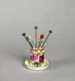 Antique Limoges Porcelain 1.5” Stick Pin Holder with 10 Pins