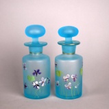 Pretty Pair of Blue Hand Blown & Hand Painted Violets Vanity Bottles