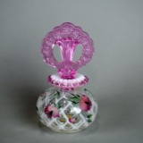 Fenton 95th Anniv. Hand Painted Perfume Bottle with Pink Stopper & Candy Ribbon Edge, Signed