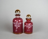 Set of Two Hand Painted Cranberry Bohemia Glass Vanity Bottles with Stoppers, Czech Republic
