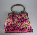 Ornate Embroidered & Beaded Pink Frame Handbag